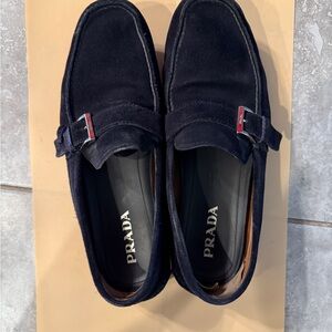Prada Men's Navy suede Loafers with Buckle Detail
